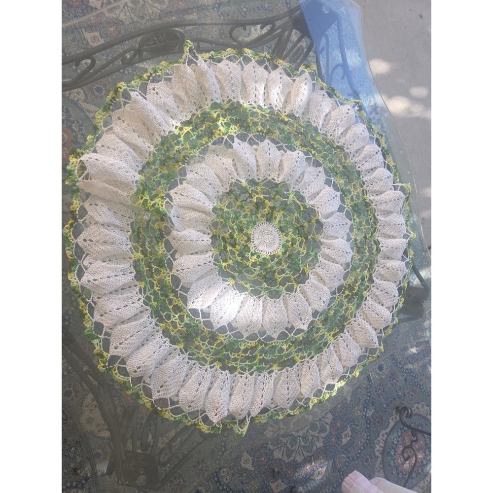 Vintage Handmade Crochet Round Doily Tablecloth White Green Yellow